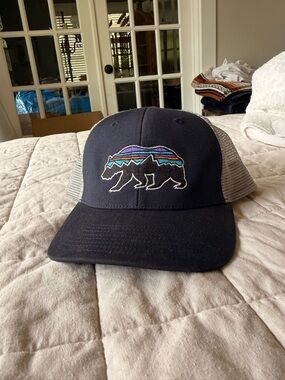 Patagonia Navy and Gray Bear Patch Mesh Trucker Hat